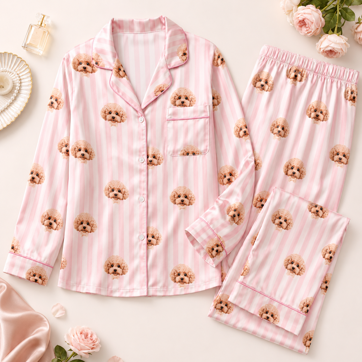 Custom Dog Photo Satin Pajamas Set Personalized Sleepwear Gift for Dog Lovers THUC99