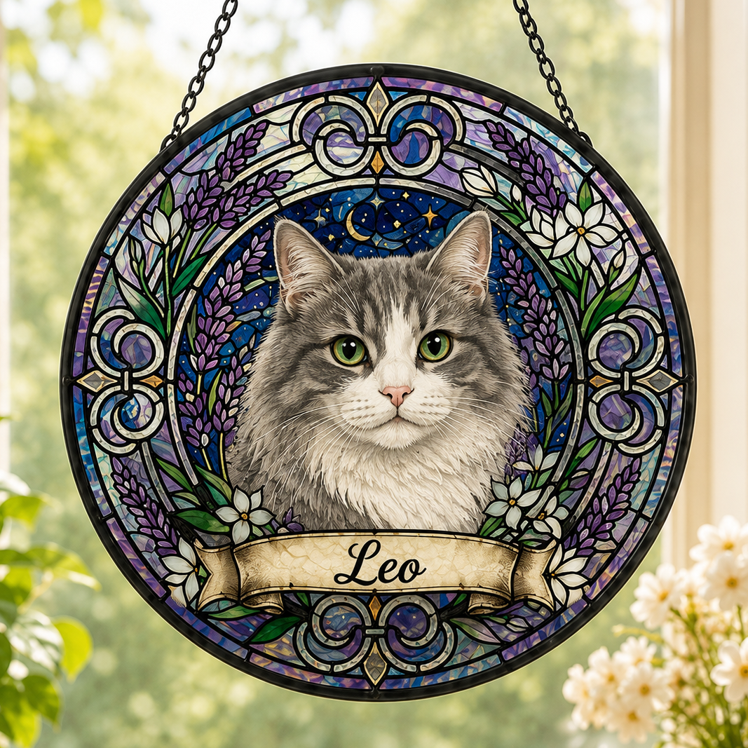 Custom Photo Cat Glass Suncatcher – Personalized Pet Portrait Gift | Cat Window Decor THUC99