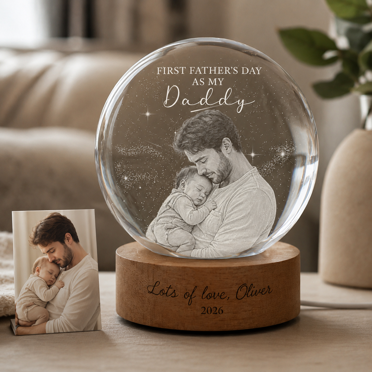 Custom Dad Crystal Ball Night Light, Personalized Photo Crystal Lamp, Father’s Day Gift For Dad THUC99
