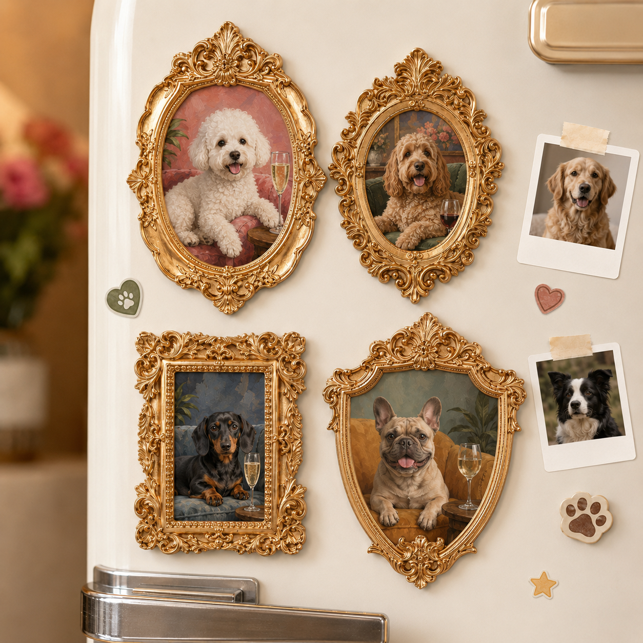 Custom Dog Drinking On Sofa Magnet, Personalized Pet Photo Vintage Frame, Dog Lover Gift THUC99