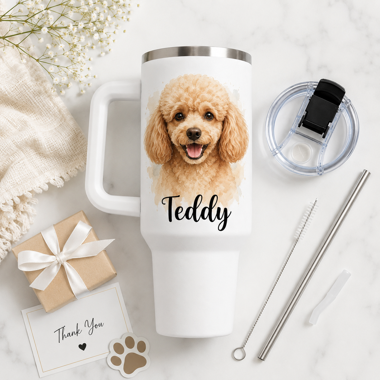Custom Dog Portrait Travel Mug 40oz – Personalized Pet Picture Tumbler for Dog Lovers THUC99