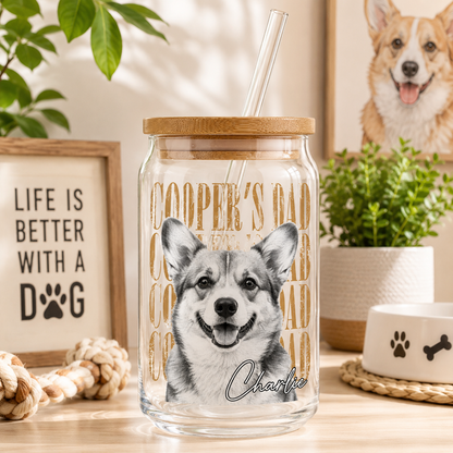 Custom Dog Picture Glass Cup – 16oz Sipper Tumbler with Bamboo Lid and Straw THUC99