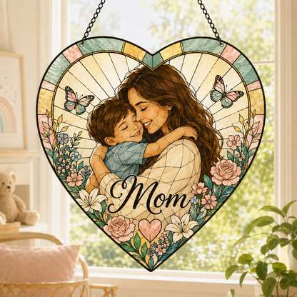 Custom Photo Mom Stained Glass Suncatcher, Personalized Mother’s Day Family Portrait Window Hanging Gift THUC99