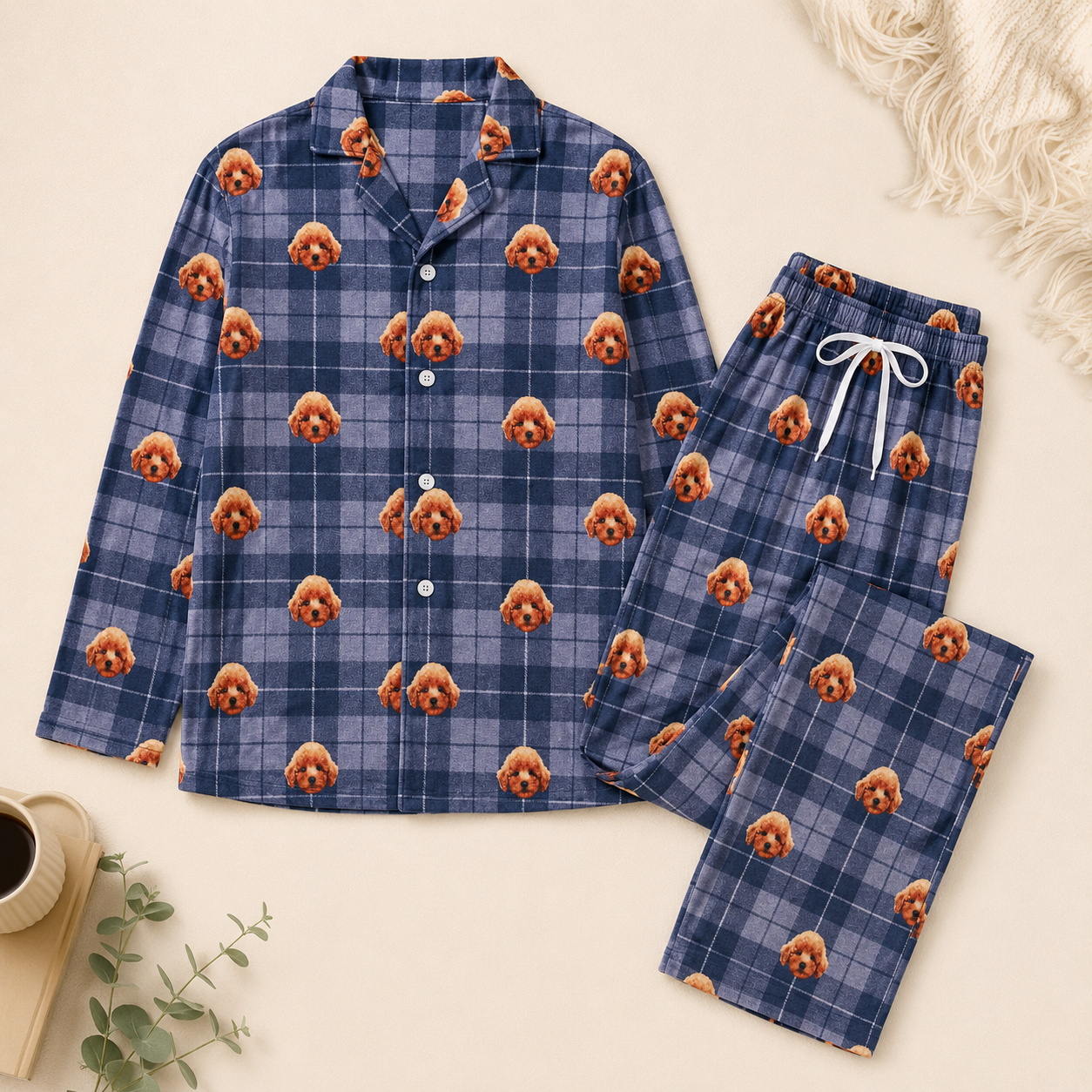 Personalized Pet Photo Pajamas Set for Men Women, Custom Dog Face Matching Sleepwear THUC99