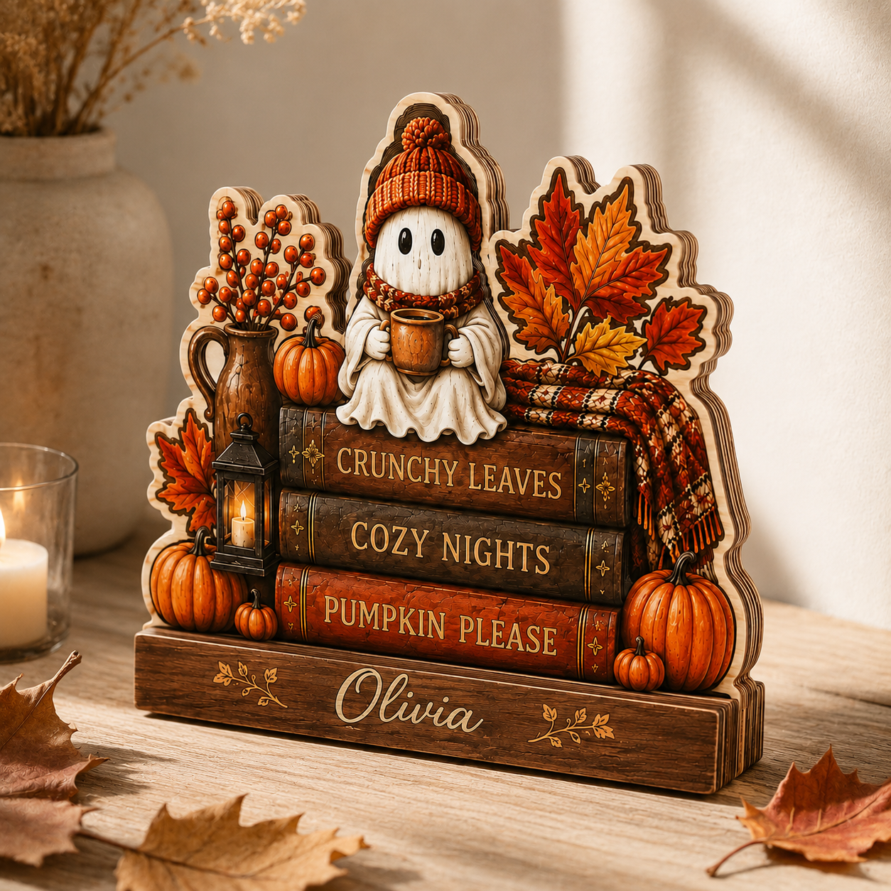 Personalized Booking Wooden Block Halloween 2D Flat, Custom Wood Sign, Spooky Decor THUC99