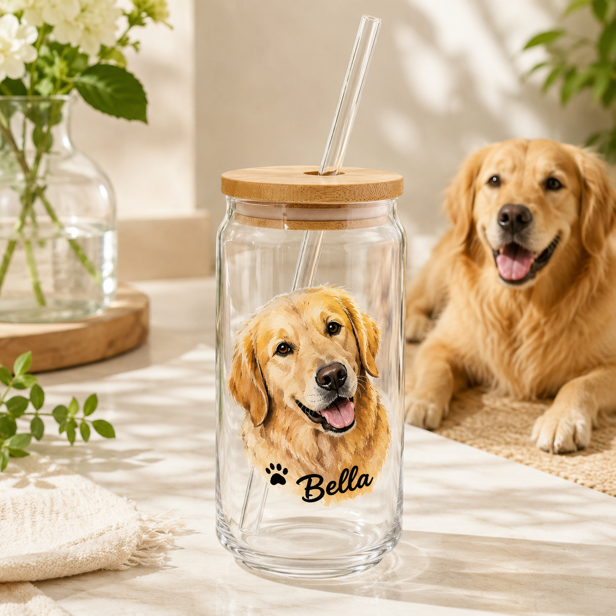 Custom Puppy Portrait Glass Cup 16oz – Personalized Tumbler with Bamboo Lid THUC99