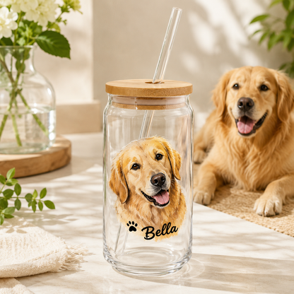 Custom Puppy Portrait Glass Cup 16oz – Personalized Tumbler with Bamboo Lid THUC99