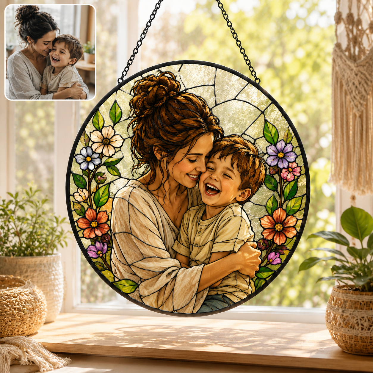 Personalized Mom & Grandma Portrait Glass Suncatcher, Custom Family Photo Window Hanging Decor THUC99