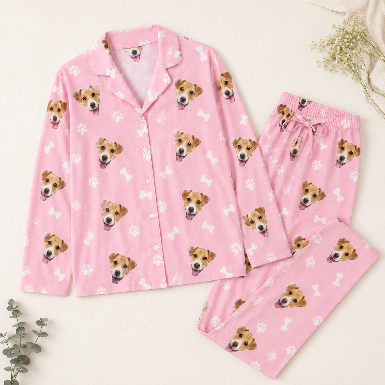 Custom Dog Photo Unisex Pajamas Set, Personalized Pet Face Sleepwear for Men and Women THUC99