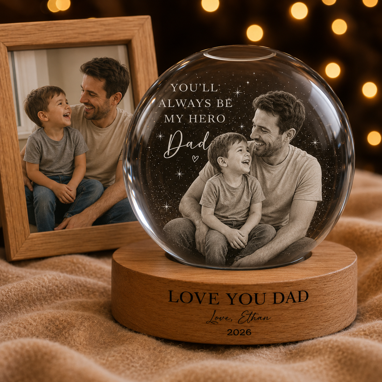 Custom Photo Dad Crystal Night Light, Personalized Photo Keepsake Lamp For Father THUC99