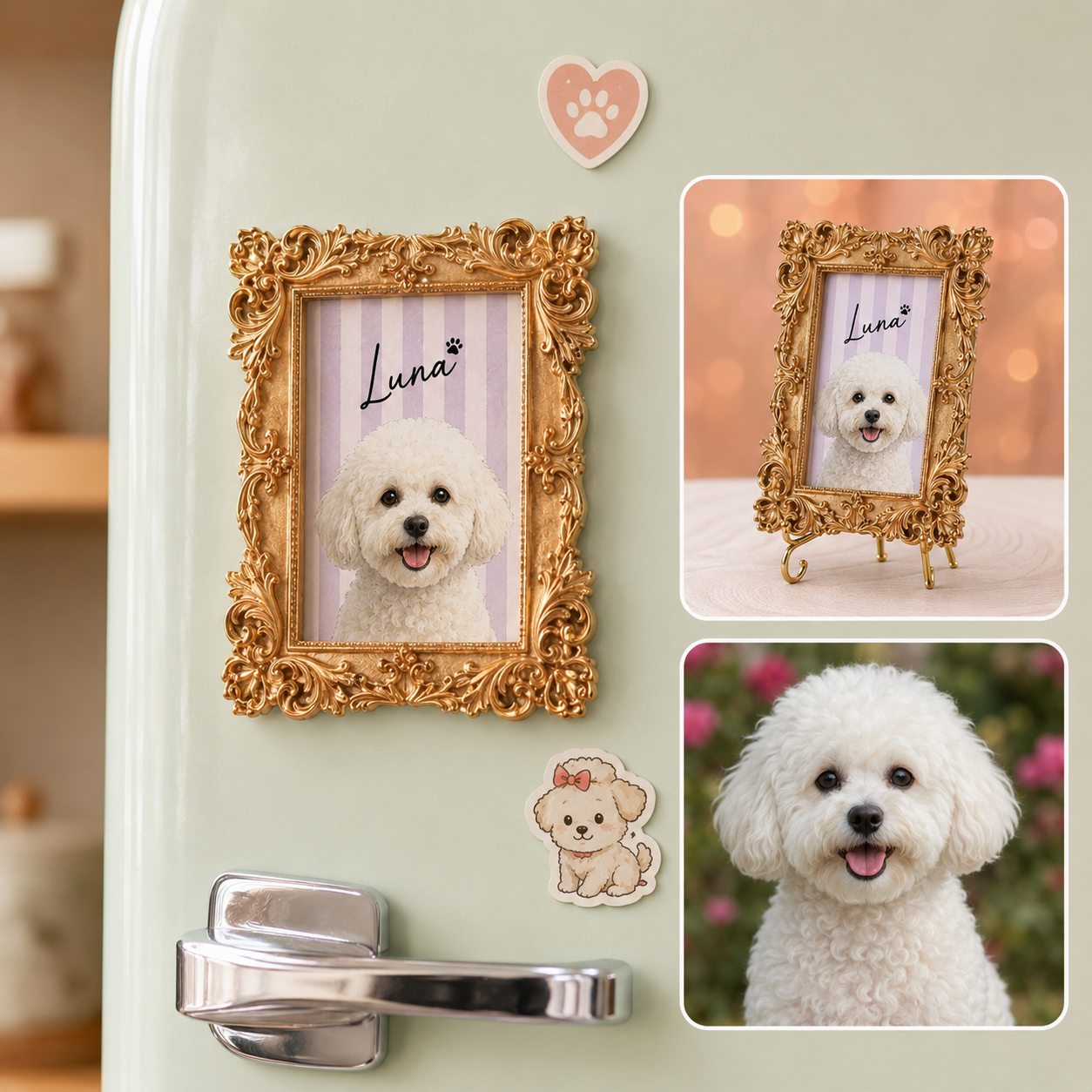 Custom Dog Photo Frame Magnet, Personalized Pet PortraitGold Frame Dog Artwork Magnet THUC99