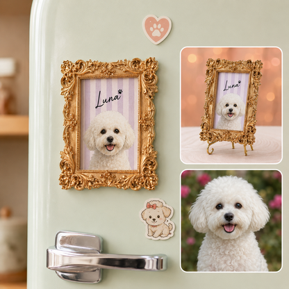 Custom Dog Photo Frame Magnet, Personalized Pet PortraitGold Frame Dog Artwork Magnet THUC99