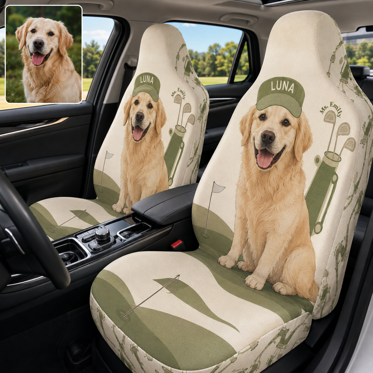 Personalized Golf Pet Portrait Car Seat Cover, Custom Dog Face Seat Protector, Dog Dad Gift THUC99