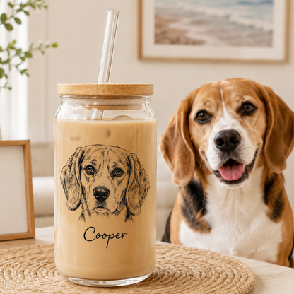 Custom Dog Photo Sipper Glass 16oz – Personalized Glass Tumbler with Bamboo Lid & Straw THUC99