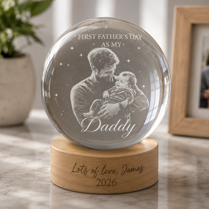 Custom Dad Photo Crystal Ball Light, Personalized First Father's Night Light Gift For Dad THUC99