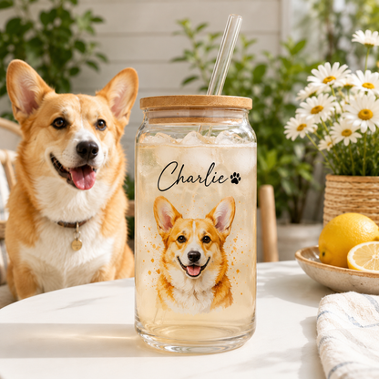 Custom Dog Photo Iced Coffee Glass – 16oz Personalized Cup with Bamboo Lid THUC99
