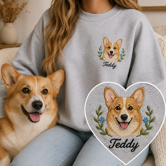 Custom Photo Dog Sweatshirt, Embroidered Pet Portrait Crewneck THUC99