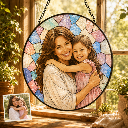 Personalized Mom & Grandma Portrait Glass Suncatcher, Custom Family Photo Window Hanging Decor THUC99