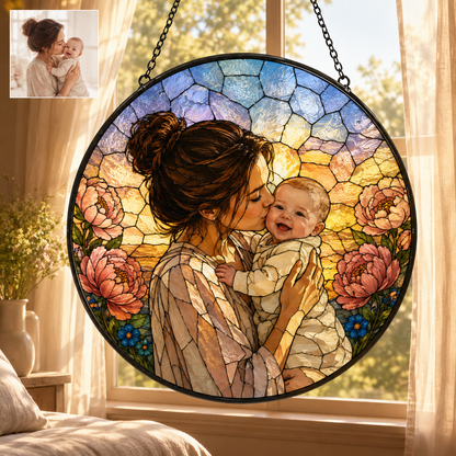 Personalized Family Photo Stained Glass Suncatcher, Custom Portrait Window Hanging Keepsake Decor THUC99