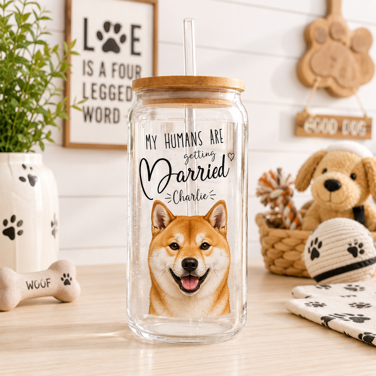 Personalized Dog Face Glass Tumbler 16oz – Custom Pet Cup with Bamboo Lid & Straw THUC99