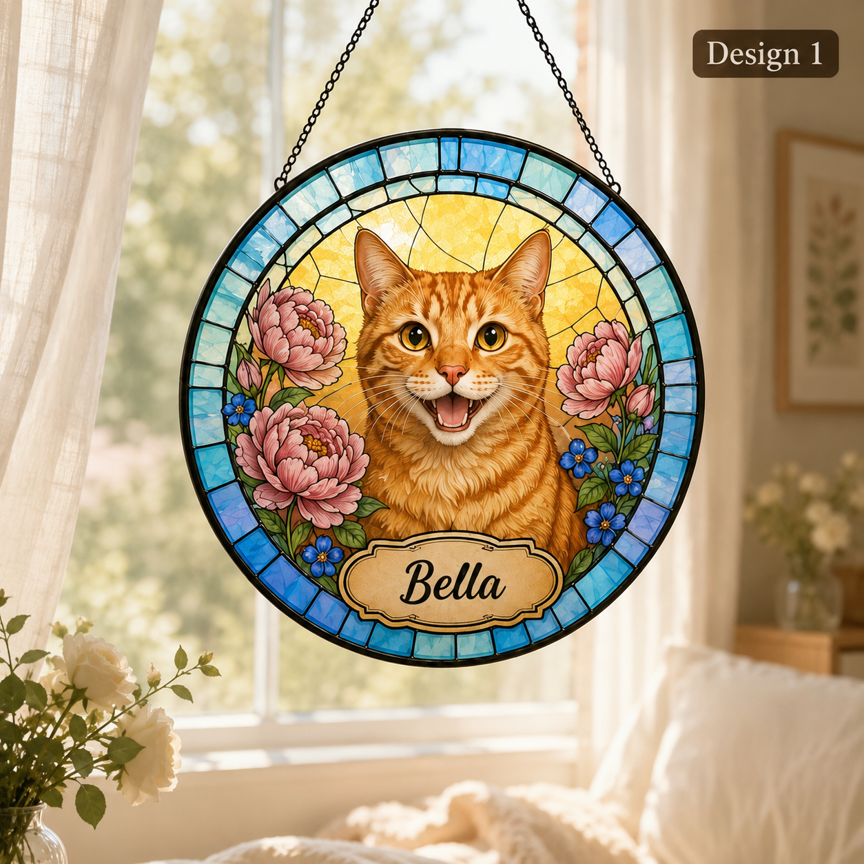 Custom Photo Cat Stained Glass Suncatcher – Personalized Cat Portrait Window Hanging Gift THUC99