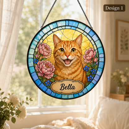 Custom Photo Cat Stained Glass Suncatcher – Personalized Cat Portrait Window Hanging Gift THUC99