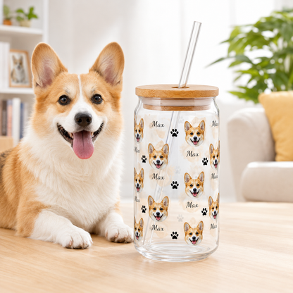 Custom Dog Photo Sipper Glass 16oz – Personalized Glass Tumbler with Bamboo Lid & Straw THUC99