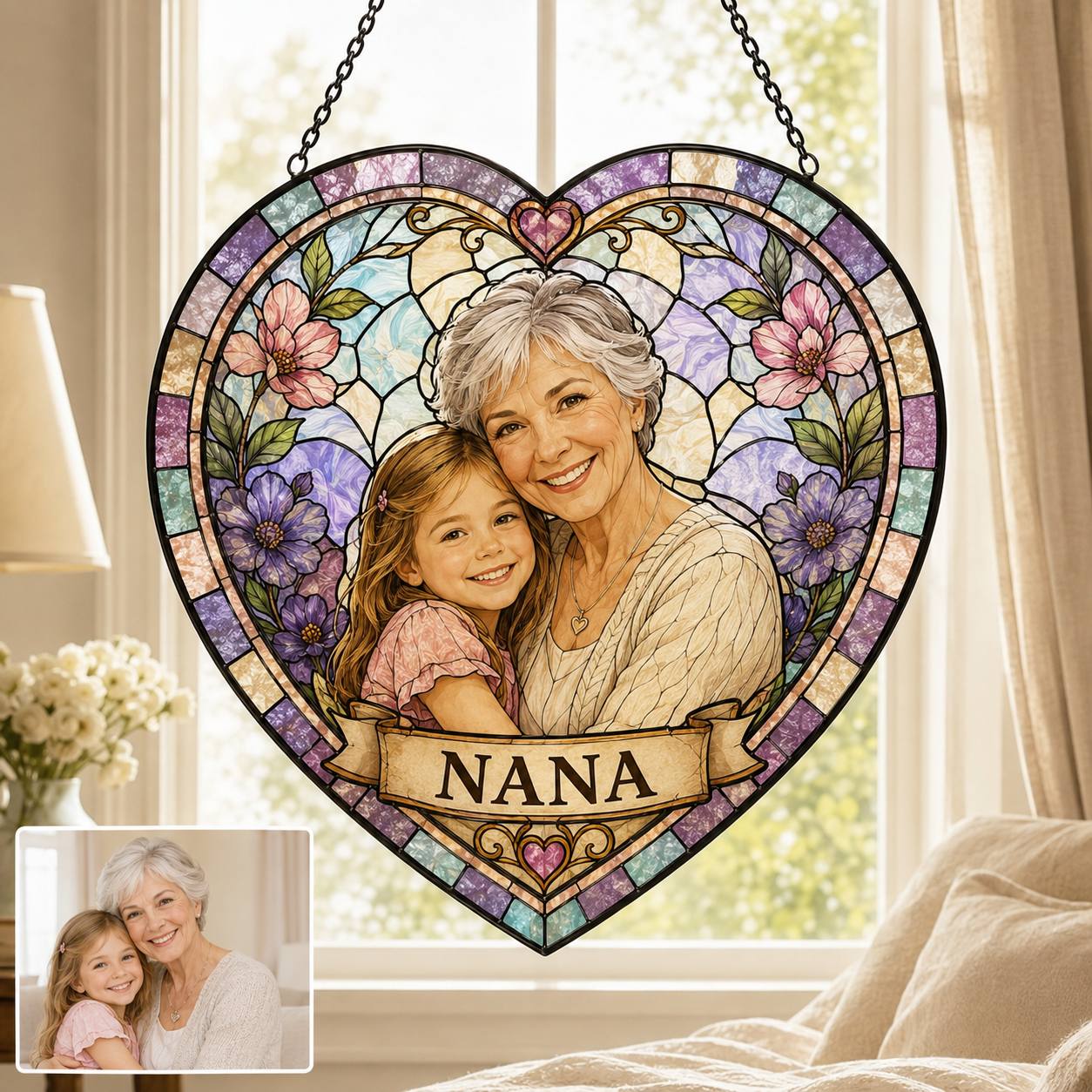 Personalized Grandma Photo Stained Glass Suncatcher, Custom Nana Gift Window Hanging Keepsake Decor THUC99