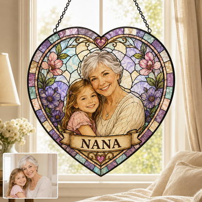 Personalized Grandma Photo Stained Glass Suncatcher, Custom Nana Gift Window Hanging Keepsake Decor THUC99