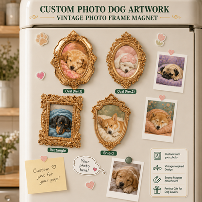 Custom Dog Sleeping Magnet, Personalized Pet Photo Vintage Frame, Dog Lover Gift THUC99