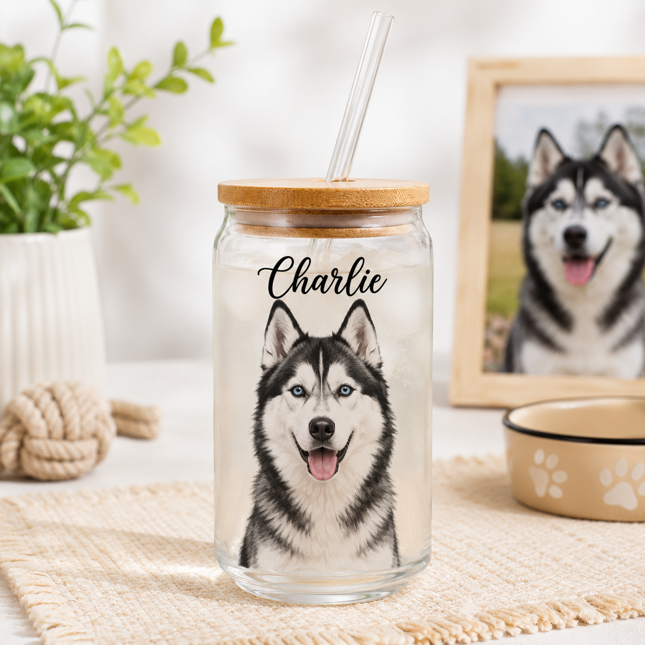 Custom Pet Portrait Sipper Glass – 16oz Personalized Cup with Bamboo Lid and Straw THUC99
