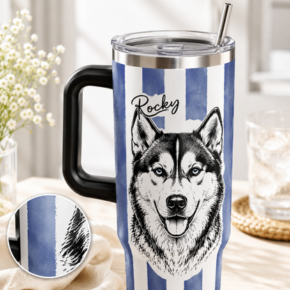 Personalized Pet Photo Tumbler 40oz – Custom Dog Picture Cup with Handle, Straw and Lid THUC99