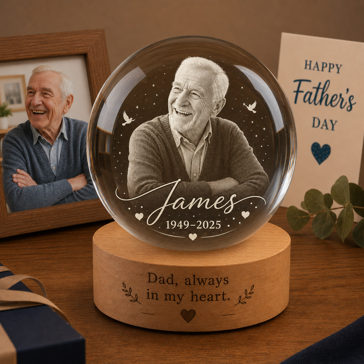 Custom Photo Dad Memorial Night Light, Crystal Ball Lamp, Personalized Father’s Day Gift THUC99