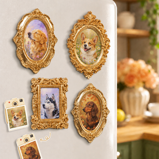 Custom Pet Photo Frame Magnet, Personalized Dog Artwork Fridge Magnet With Gold Frame THUC99