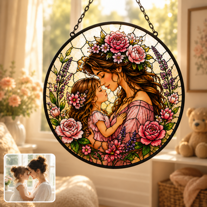 Custom Family Photo Stained Glass Window Hanging, Personalized Mom and Grandma Suncatcher Gift THUC99