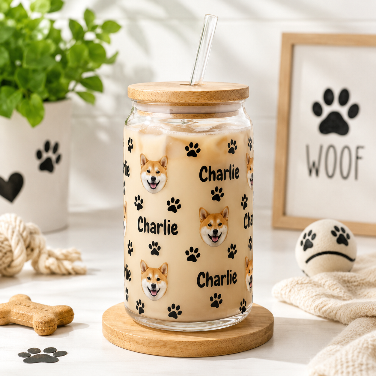 Personalized Dog Face Glass Tumbler 16oz – Custom Pet Cup with Bamboo Lid & Straw THUC99 (Copy)