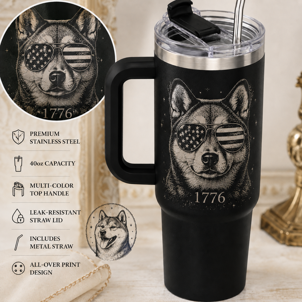 Custom Pet Picture 40oz Tumbler – Personalized Dog Lover Cup with Handle and Straw THUC99 (Copy)