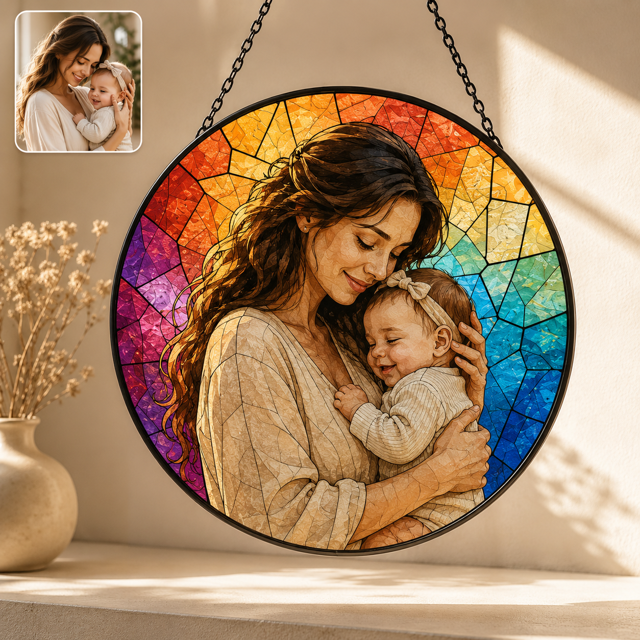 Personalized Grandma and Grandkids Photo Suncatcher, Custom Stained Glass Window Hanging Decor THUC99