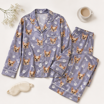 Personalized Dog Portrait Satin Pajamas Set Custom Sleepwear for Women THUC99