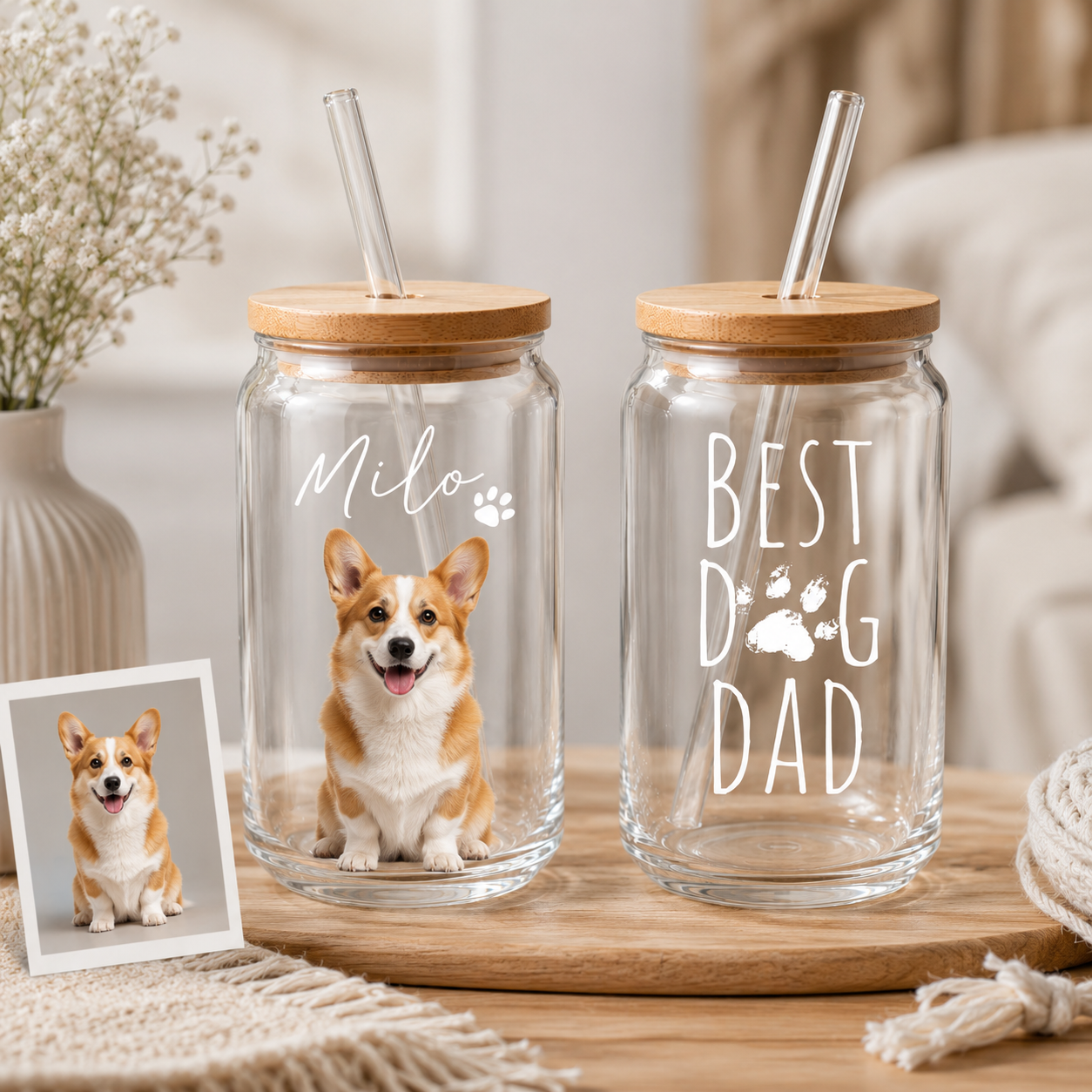 Personalized Dog Portrait Glass Cup 16oz – Custom Sipper with Bamboo Lid & Straw THUC99