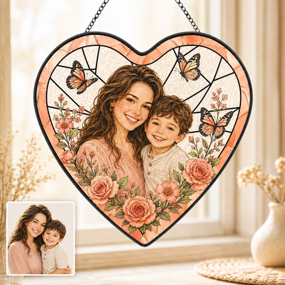 Personalized Mom Photo Stained Glass Suncatcher, Custom Nana Gift Window Hanging Keepsake Decor THUC99