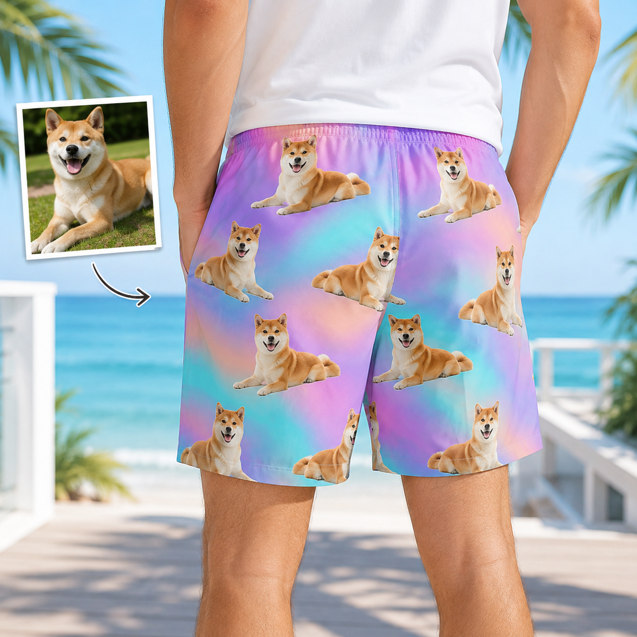 Custom Pet Face Beach Trunks Personalized Dog Photo Shorts for Dog Dads THUC99