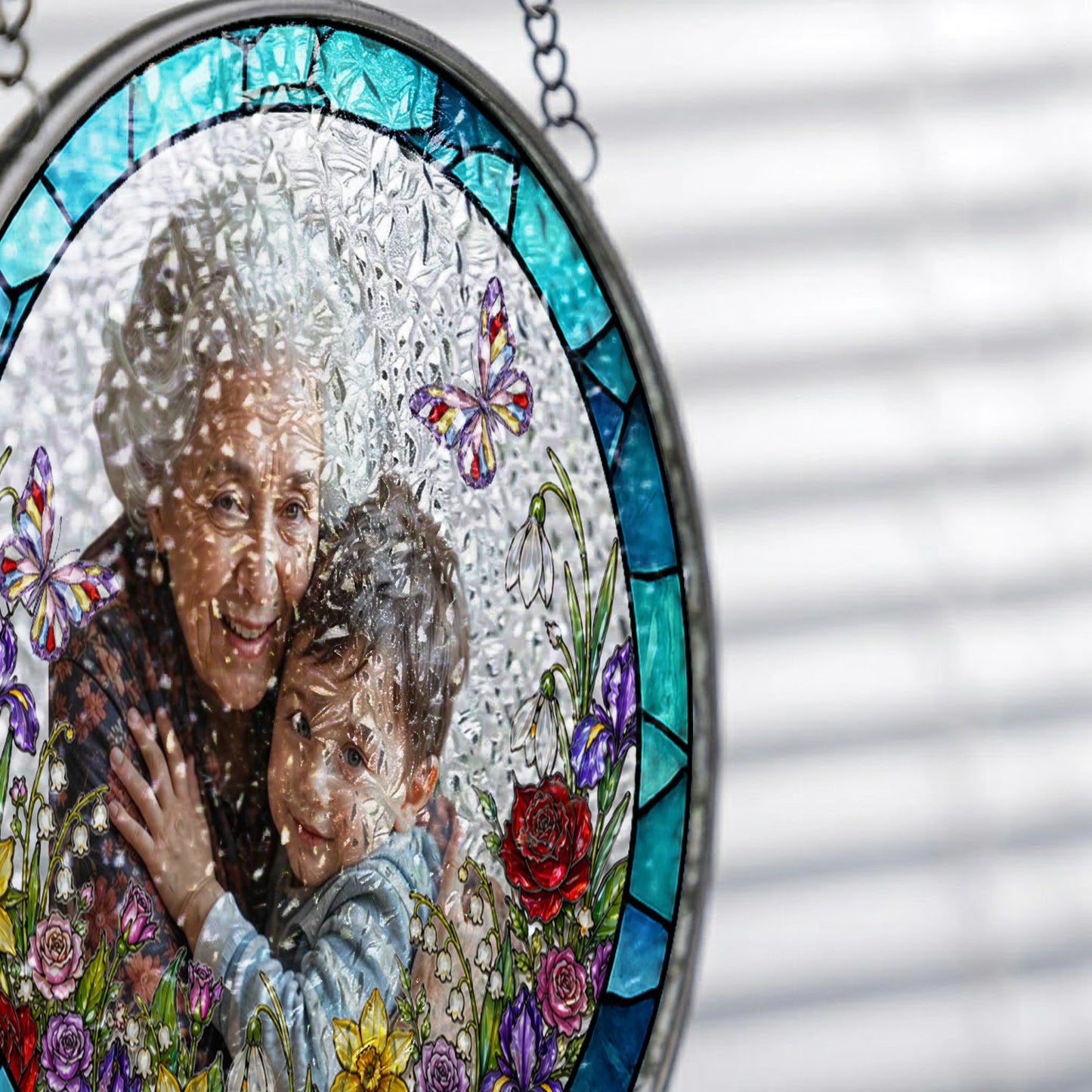 Custom Grandma Photo Stained Glass Suncatcher – Personalized Portrait Window Hanging (THUC99)