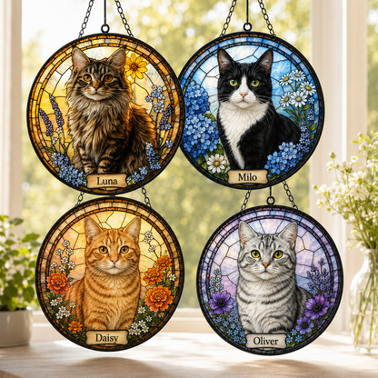 Custom Photo Cat Stained Glass Suncatcher – Personalized Pet Portrait Gift | Cat Window Decor THUC99