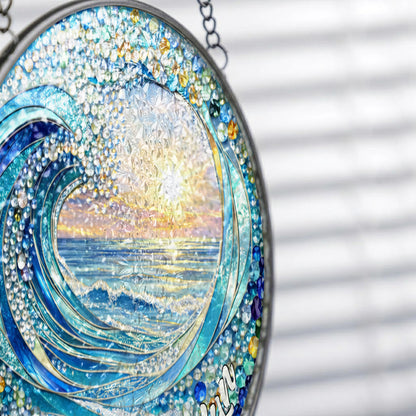 Personalized Ocean Wave Stained Glass Suncatcher – Custom Name Beach Sunset Window Hanging THUC99
