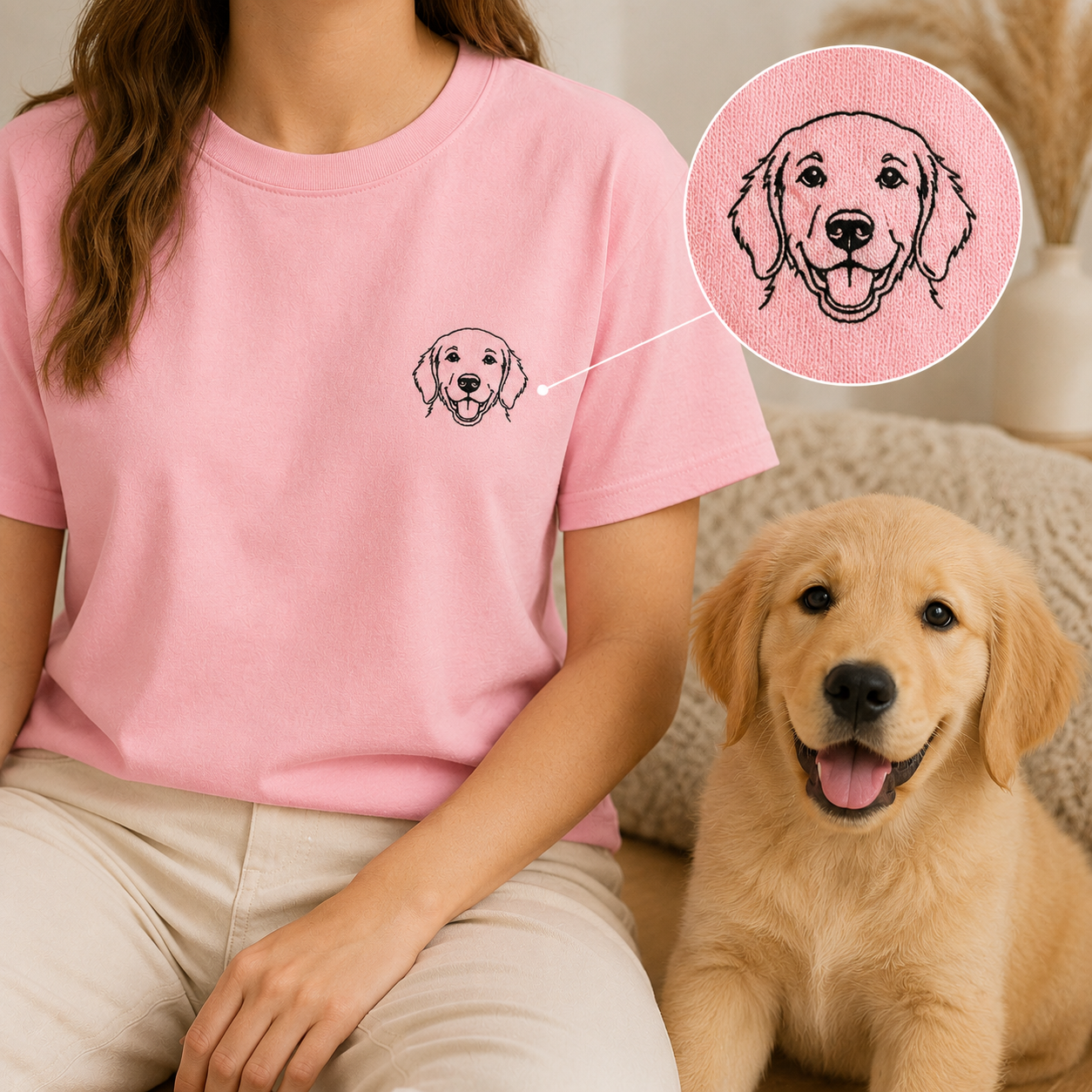 Custom Photo Dog Embroidered Shirt, Personalized Pet Portrait T-Shirt, Gift For Dog Mom THUC99