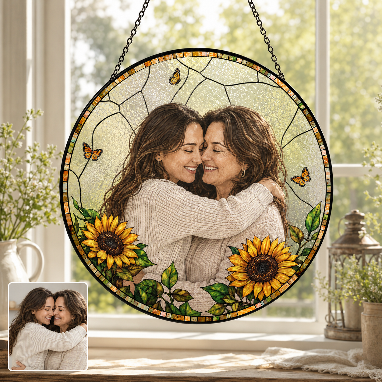 Custom Mom and Grandma Photo Glass Suncatcher, Personalized Family Portrait Window Hanging Gift THUC99