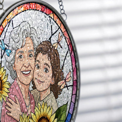 Personalized Family Portrait Stained Glass Suncatcher – Custom Photo Window Hanging, Floral Keepsake Gift THUC99