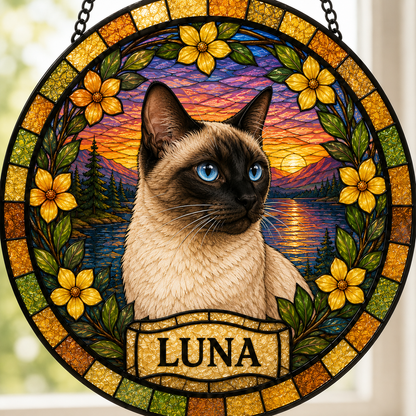 Custom Photo Cat Stained Glass Suncatcher Gift – Personalized Pet Portrait Window Decor | Cat Lover Memorial THUC99