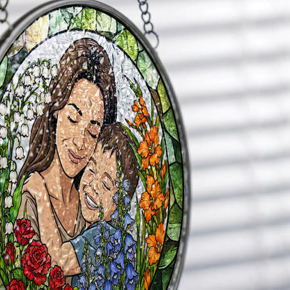 Personalized Mother & Child Stained Glass Suncatcher – Custom Portrait Floral Window Hanging, Mom Gift THUC99